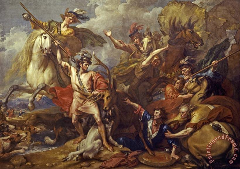Alexander III of Scotland Rescued From The Fury of a Stag by The Intrepidity of Colin Fitzgerald ('the Death of The Stag') painting - Benjamin West Alexander III of Scotland Rescued From The Fury of a Stag by The Intrepidity of Colin Fitzgerald ('the Death of The Stag') Art Print
