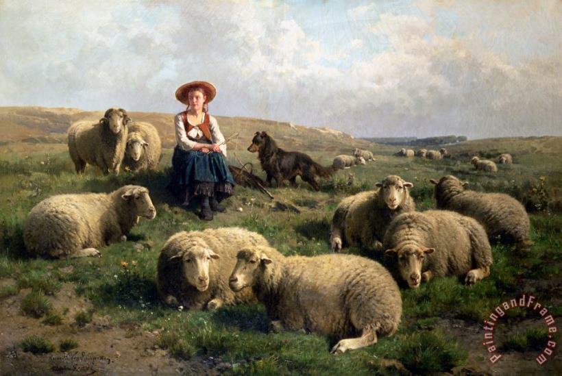C Leemputten and T Gerard Shepherdess with Sheep in a Landscape Art Print