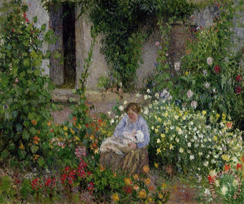 Mother and Child in the Flowers painting - Camille Pissarro Mother and Child in the Flowers Art Print
