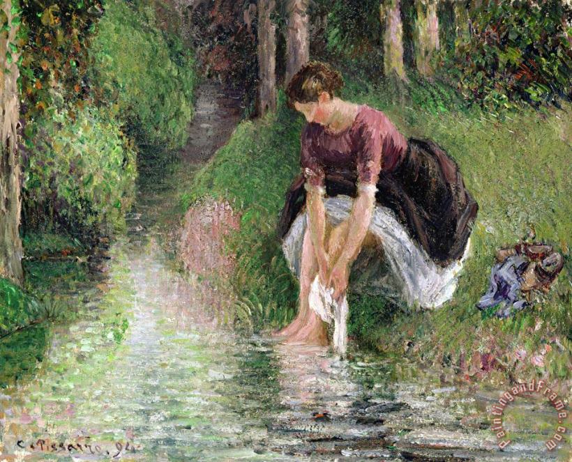 Woman Washing Her Feet in a Brook painting - Camille Pissarro Woman Washing Her Feet in a Brook Art Print
