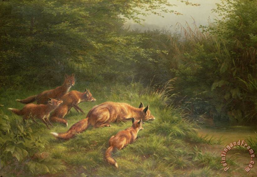  Foxes waiting for the prey painting - Carl Friedrich Deiker  Foxes waiting for the prey Art Print