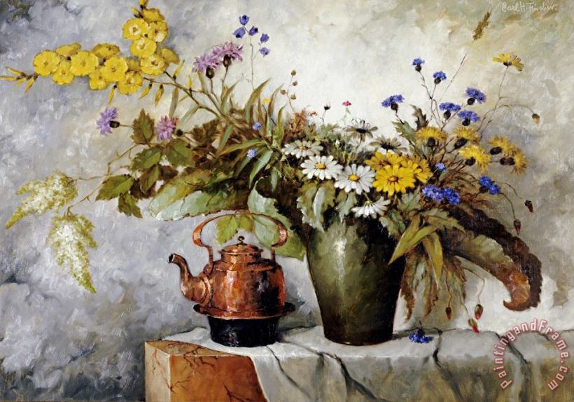 Carl H. Fischer Cornflowers, Daisies And Other Flowers in a Vase Art Painting