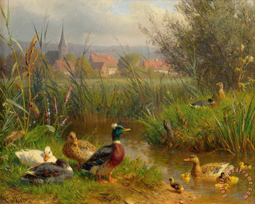 Ducks at The Creek, 1916 painting - Carl Jutz Ducks at The Creek, 1916 Art Print