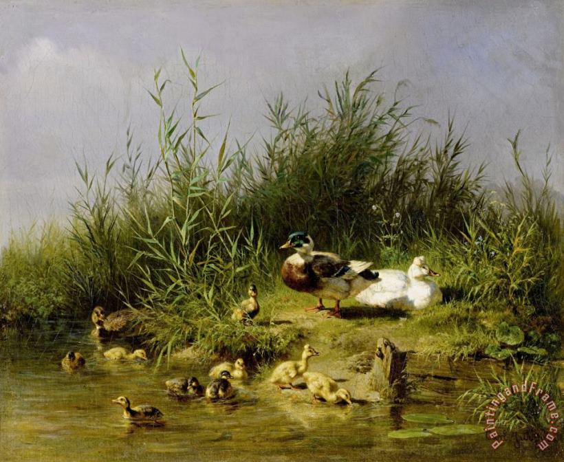 Carl Jutz Entenfamilie Am Teich, 1863 Art Painting