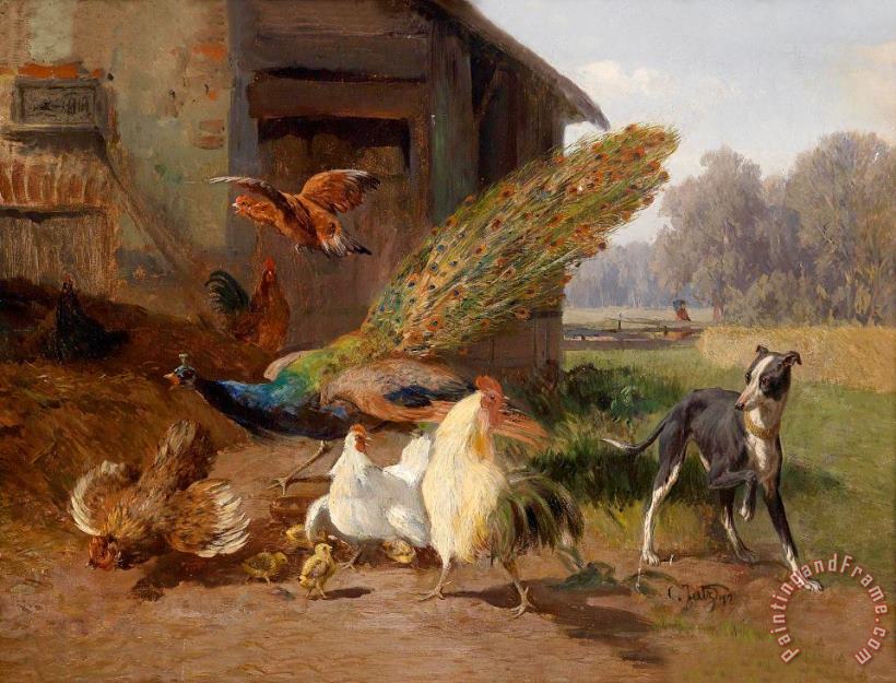 Carl Jutz Hund Im Geflugelhof, 1872 Art Painting