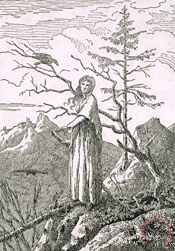 Caspar David Friedrich Woman with a Raven, on The Edge of a Precipice (woodcut) Art Print
