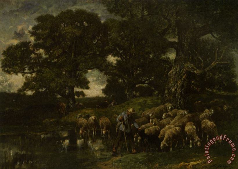 A Shepherd And His Flock by a Pond painting - Charles Emile Jacque A Shepherd And His Flock by a Pond Art Print