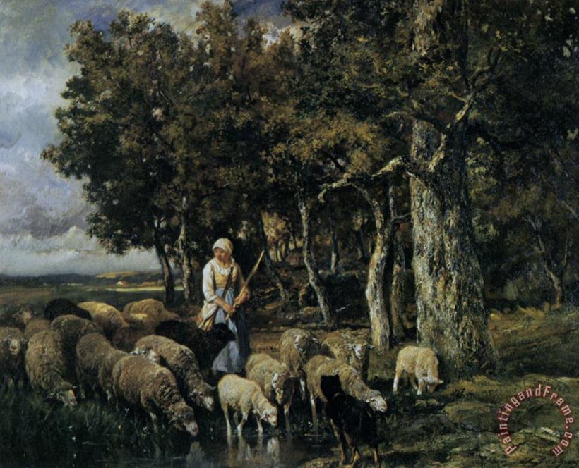 Shepherdess Watering Flock painting - Charles Emile Jacque Shepherdess Watering Flock Art Print