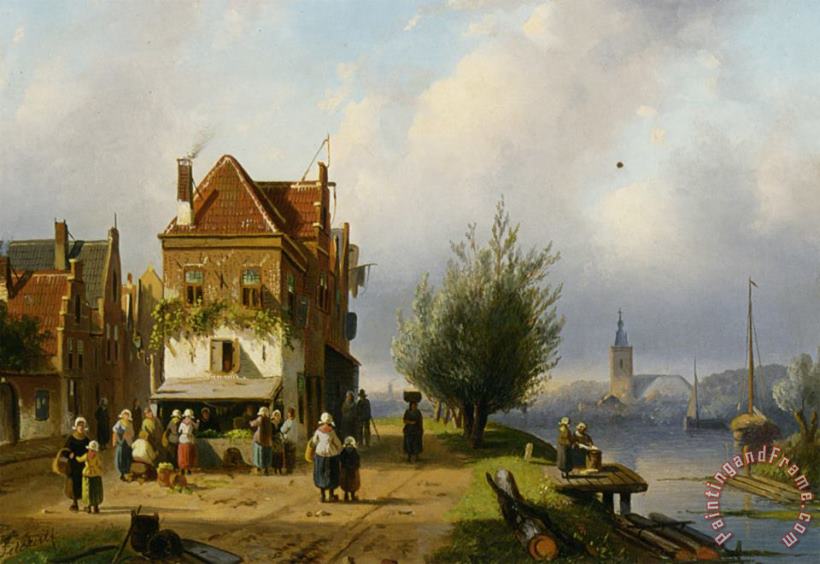 Charles Henri Joseph Leickert A Town View with Figures by a Market Street Stall Art Painting