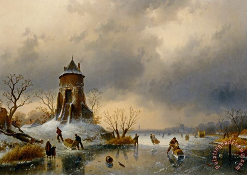 Charles Henri Joseph Leickert A Winter Landscape with Skaters on The Ice Art Painting