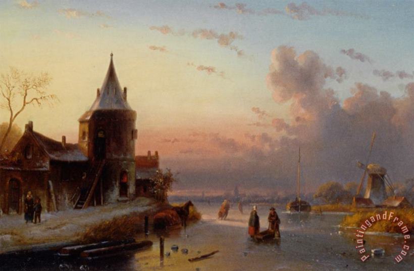 Skaters on a Frozen River at Dusk painting - Charles Henri Joseph Leickert Skaters on a Frozen River at Dusk Art Print