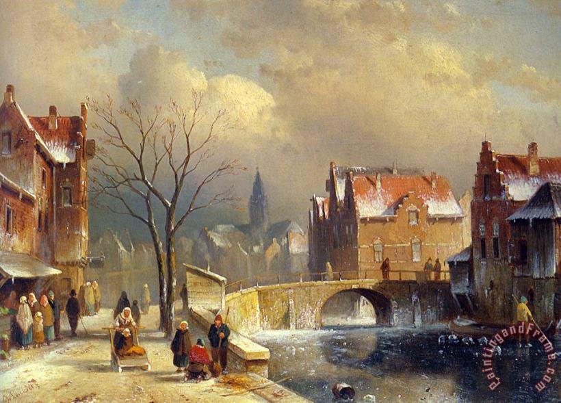 Winter Villagers on a Snowy Street by a Canal painting - Charles Henri Joseph Leickert Winter Villagers on a Snowy Street by a Canal Art Print
