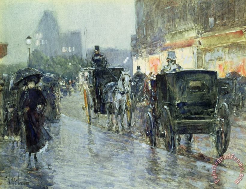 Childe Hassam Horse Drawn Cabs at Evening in New York Art Painting