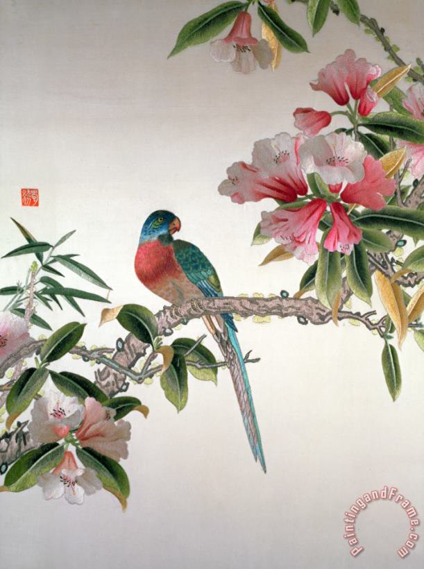 Jay on a flowering branch painting - Chinese School Jay on a flowering branch Art Print
