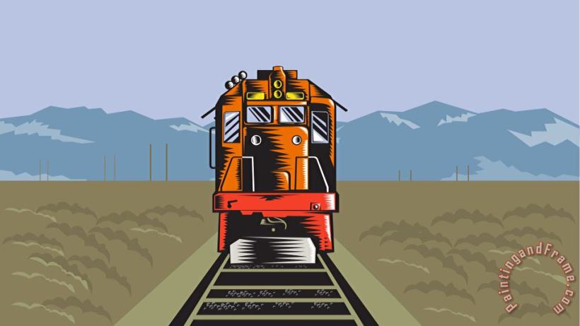 Collection 10 Diesel Train Front Rear Woodcut Retro Art Painting