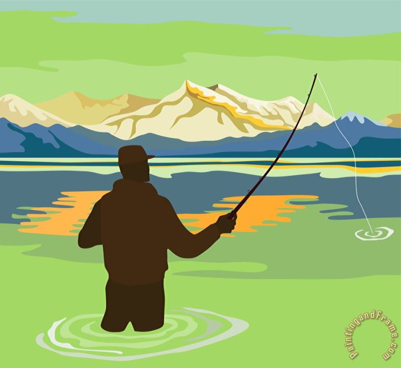 Collection 10 Fly Fisherman Rod and Reel Retro Art Painting
