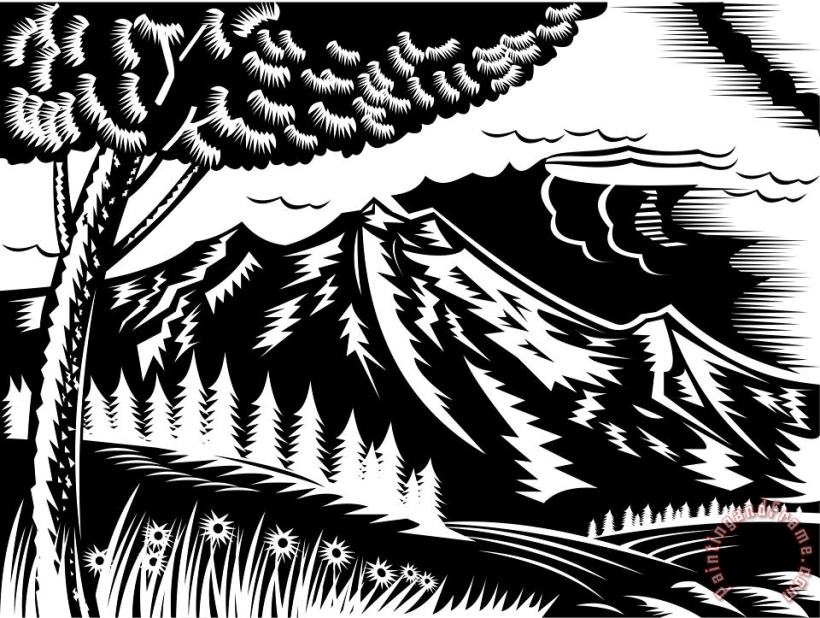 Mountain scene woodcut painting - Collection 10 Mountain scene woodcut Art Print