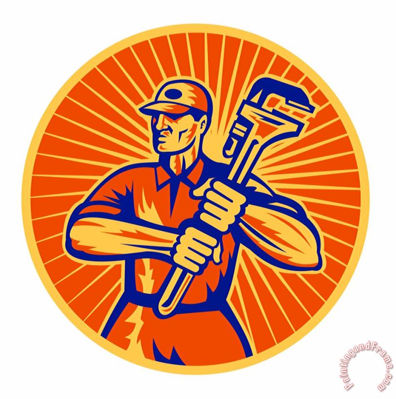 Collection 10 Plumber wielding holding monkey wrench retro Art Print