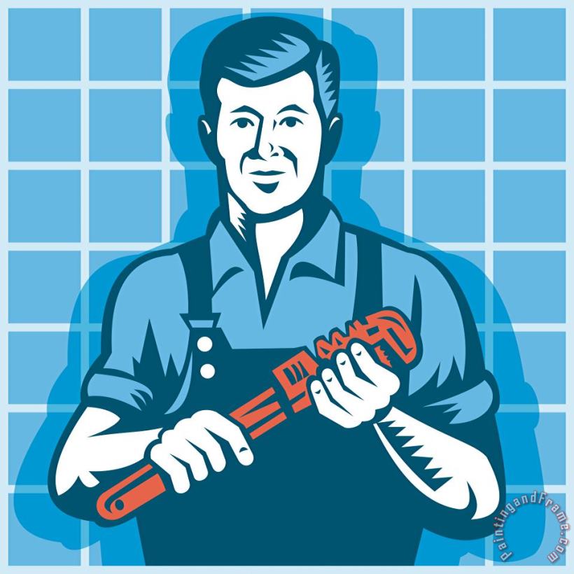 Collection 10 Plumber Worker With Monkey Wrench Retro Art Print