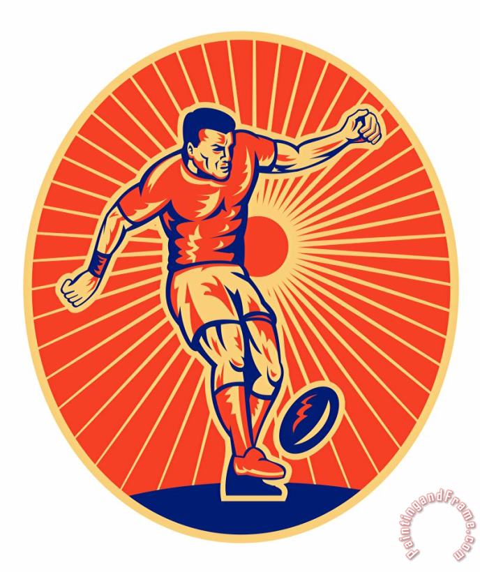Collection 10 Rugby Player Kicking Ball Woodcut Art Painting