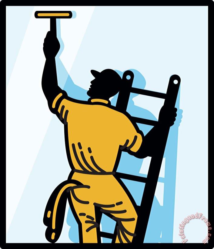 Collection 10 Window Cleaner Worker Cleaning Ladder Retro Art Painting