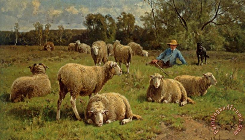Cornelis Van Leemputten A Shepherd And His Dog Guarding a Flock of Sheep Art Painting