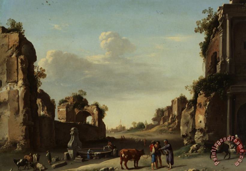 Cornelis van Poelenburgh Roman Ruins with a Merchant Buying Bull Art Painting