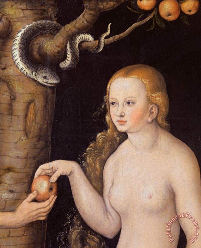 Eve offering the apple to Adam in the Garden of Eden and the serpent painting - Cranach Eve offering the apple to Adam in the Garden of Eden and the serpent Art Print