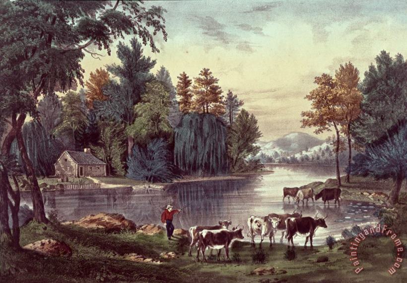 Cows on the Shore of a Lake painting - Currier and Ives Cows on the Shore of a Lake Art Print
