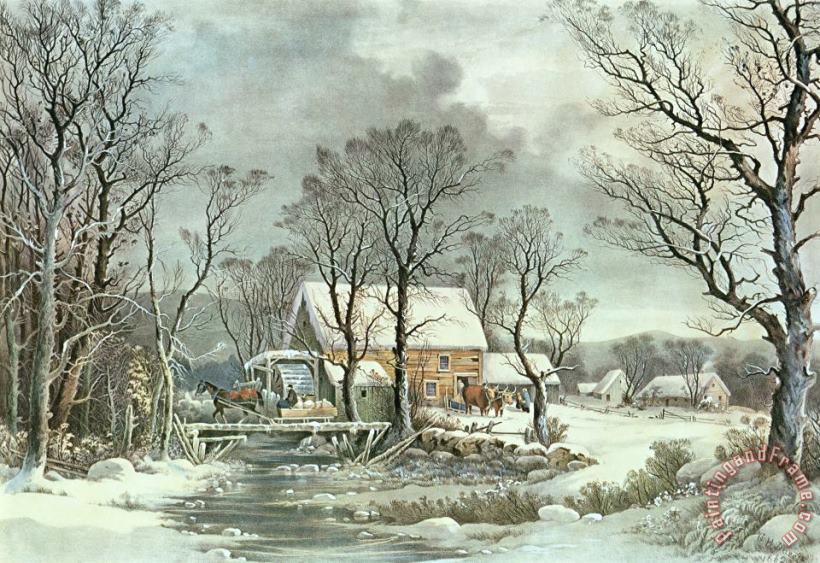 Winter in the Country - the Old Grist Mill painting - Currier and Ives Winter in the Country - the Old Grist Mill Art Print