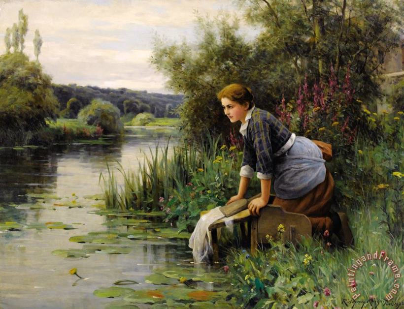 Daniel Ridgway Knight Laundress by The Water's Edge, 1922 Art Painting