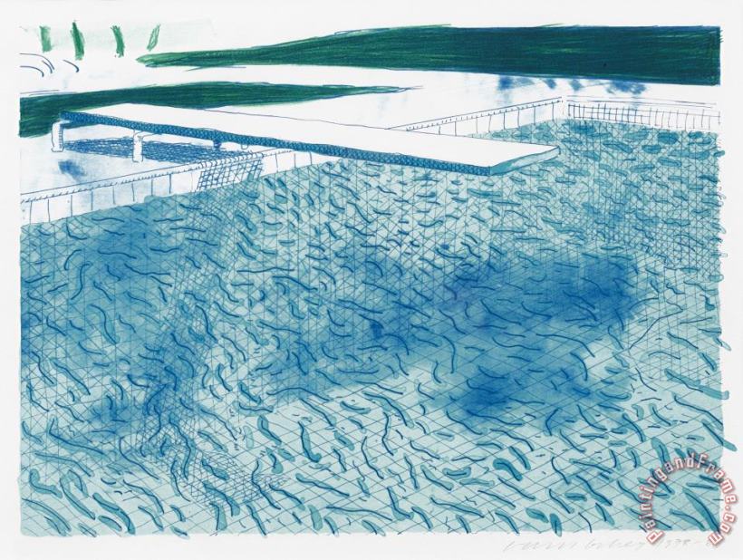 David Hockney Lithograph of Water Made of Lines with Two Light Blue Washes, 1978 1980 Art Painting