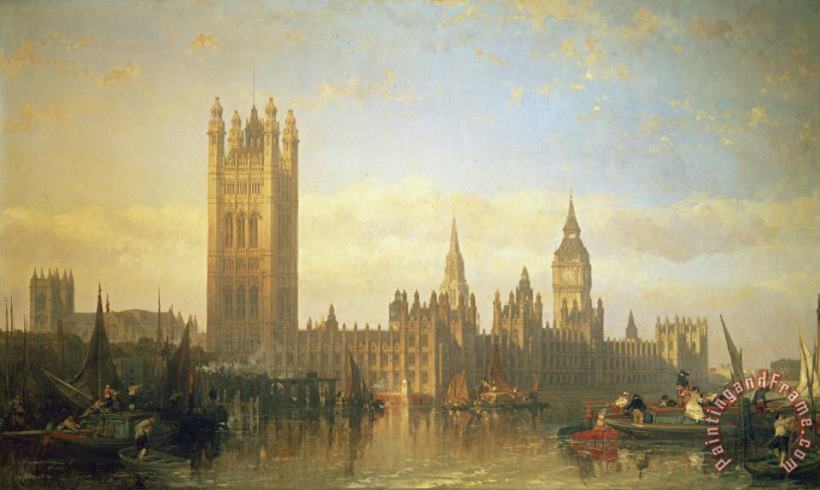 David Roberts New Palace of Westminster from the River Thames Art Painting