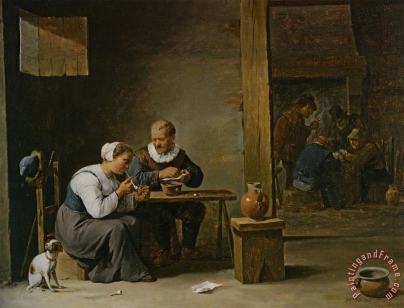 David the younger Teniers A Man And Woman Smoking a Pipe Seated in an Interior with Peasants Playing Cards on a Table Art Painting