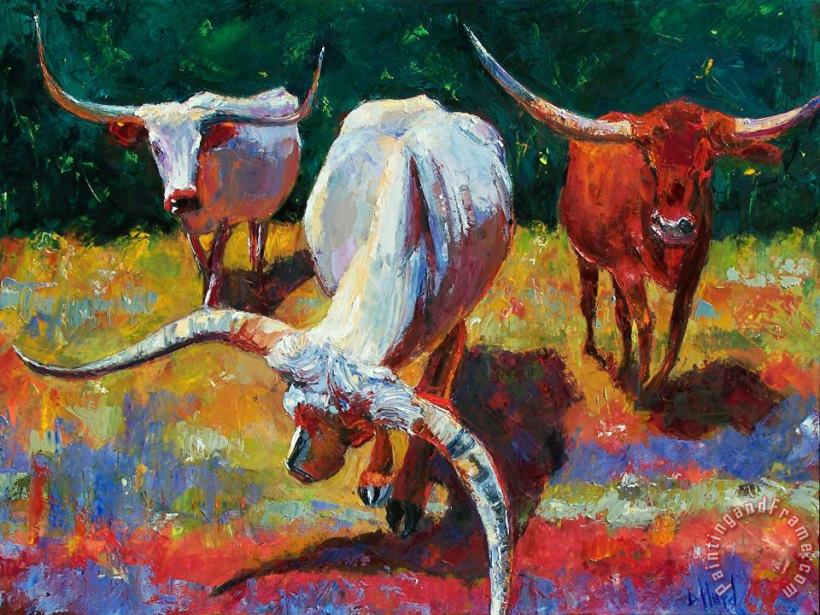 Three Texas Longhorns painting - Debra Hurd Three Texas Longhorns Art Print