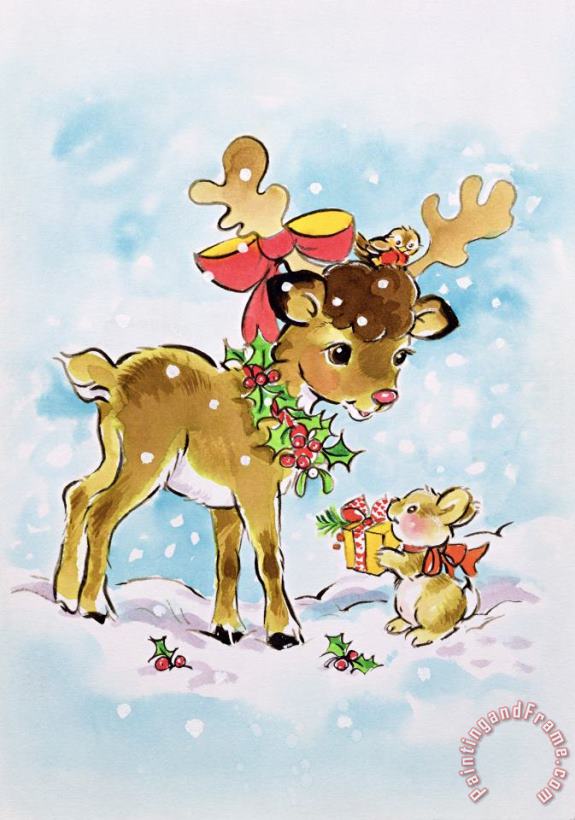 Diane Matthes Christmas Reindeer And Rabbit Art Print