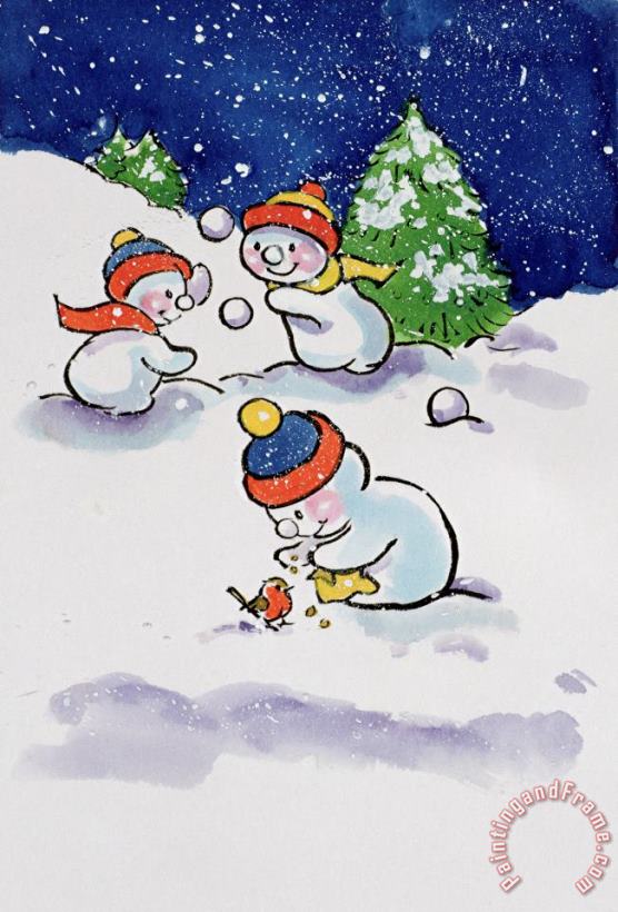 Little Snowmen Snowballing painting - Diane Matthes Little Snowmen Snowballing Art Print