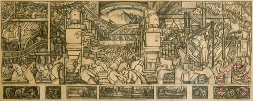 Presentation Drawing Of The Automotive Panel For The North Wall Of The Detroit Industry Mural painting - Diego Rivera Presentation Drawing Of The Automotive Panel For The North Wall Of The Detroit Industry Mural Art Print