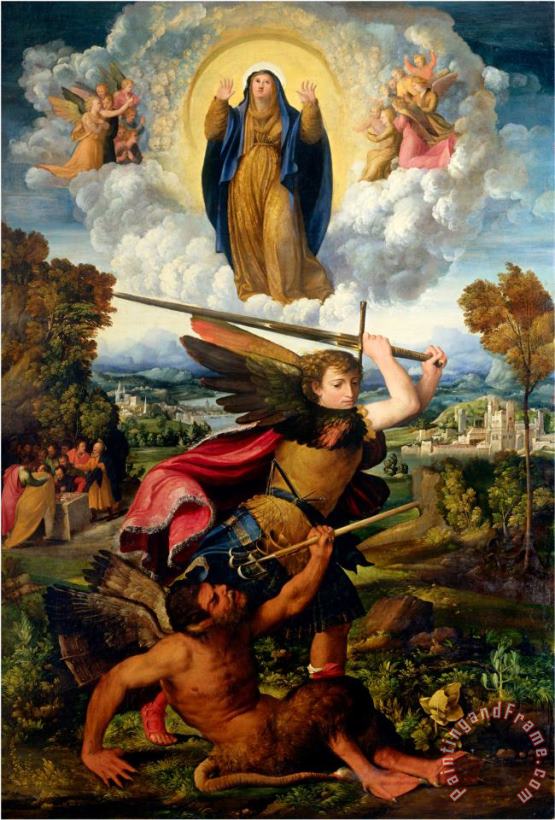 Saint Michael with The Devil And Our Lady of The Assumption Between Angels painting - Dosso Dossi Saint Michael with The Devil And Our Lady of The Assumption Between Angels Art Print