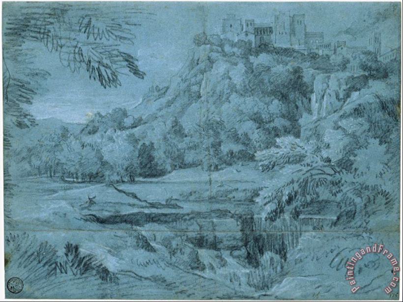 Dughet, Gaspard Landscape with Mountain Town And Waterfall Art Painting