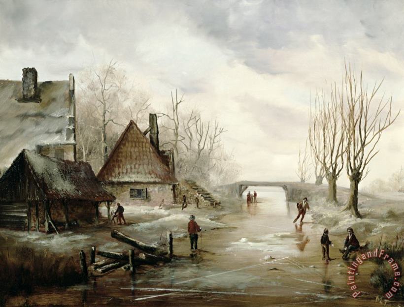 Dutch School A Winter Landscape with Figures Skating Art Print