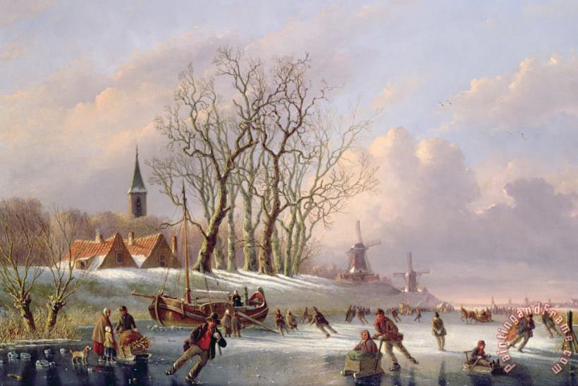 Dutch School Skaters on a Frozen River before Windmills Art Print