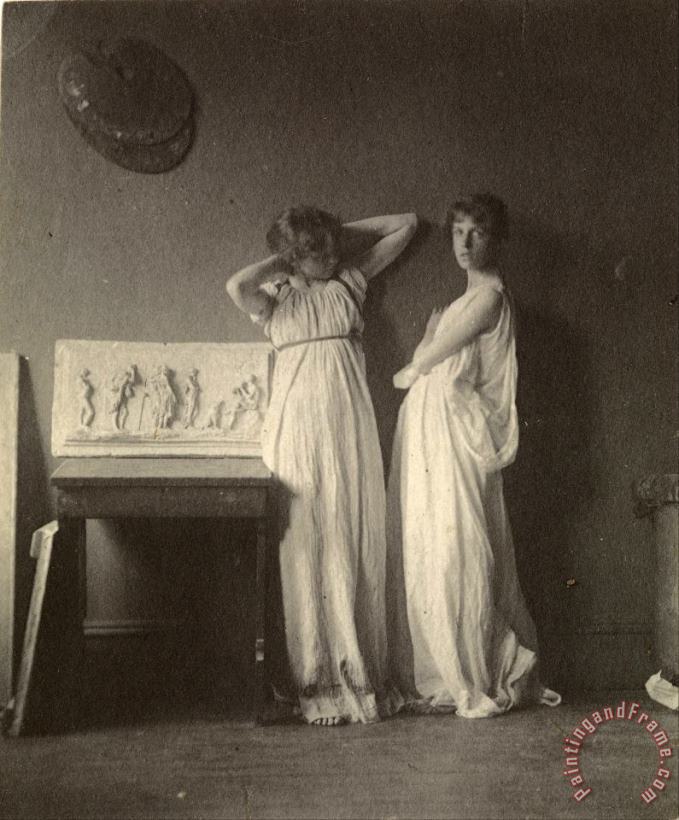 Eadweard J. Muybridge Two Female Models in Classical Costume with Eakins' Sculpture Arcadia Art Painting
