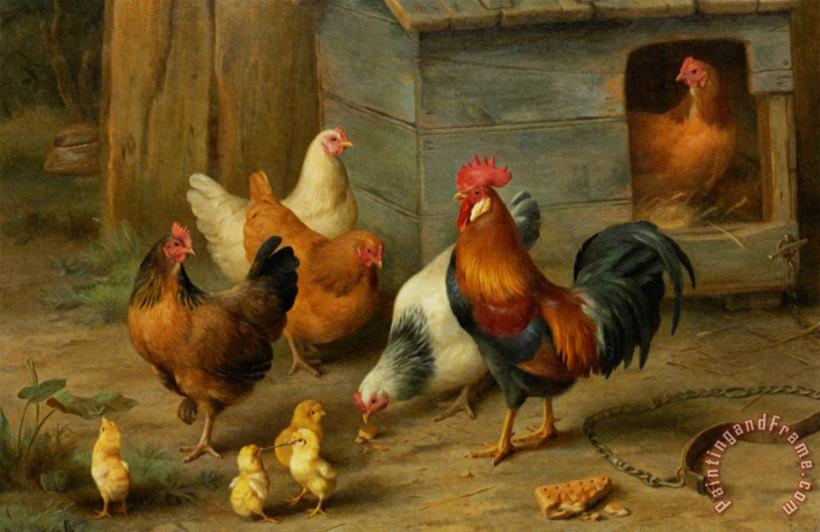 Edgar Hunt A Cockerel with Chickens Art Painting