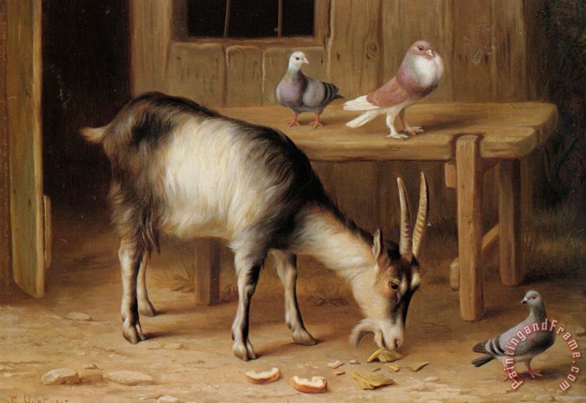 Edgar Hunt A Goat And Pigeons in a Farmyard Art Print