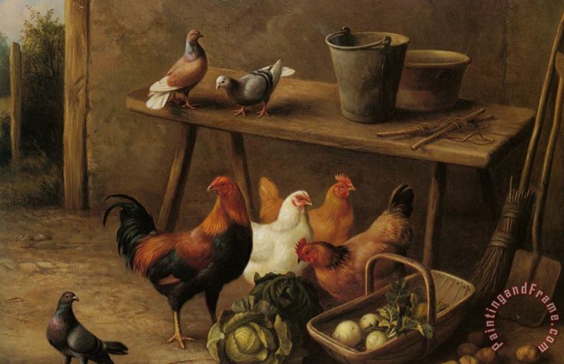 Chickens And Pigeons in a Farmyard painting - Edgar Hunt Chickens And Pigeons in a Farmyard Art Print