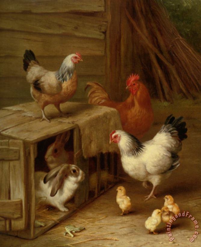 Edgar Hunt Cockerel Hens Chicks And Rabbit Art Painting
