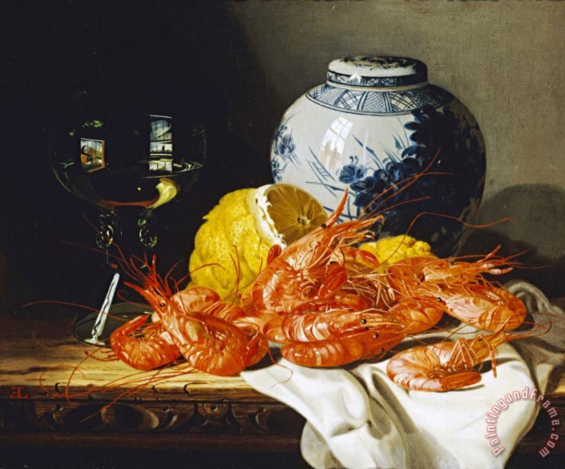 Edward Ladell Shrimps, a Peeled Lemon, a Glass of Wine Art Painting