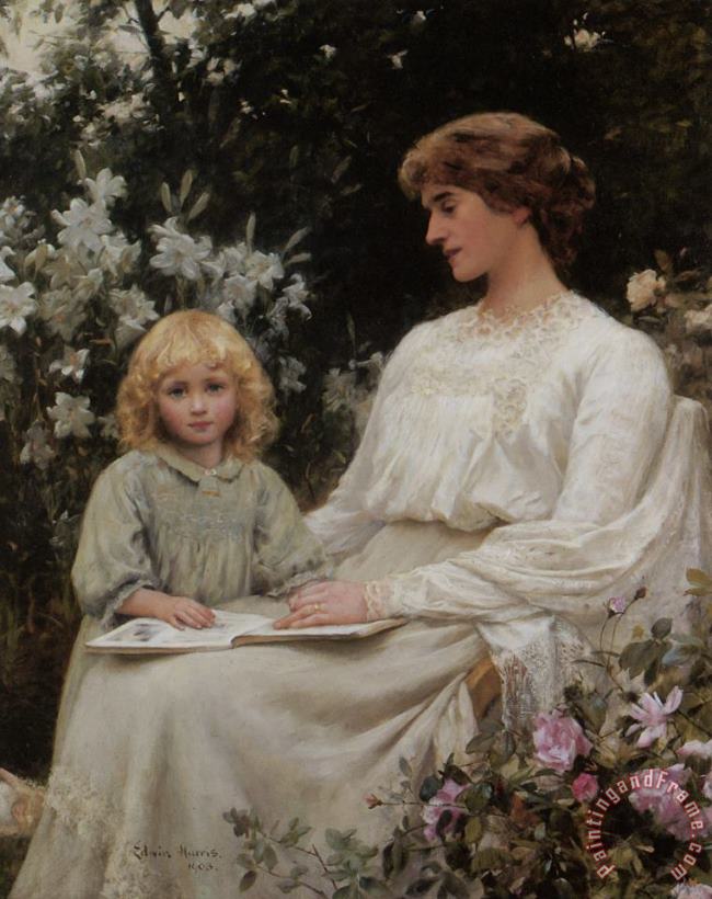 Edwin Harris Portrait of a Mother And Daughter Reading a Book Art Painting