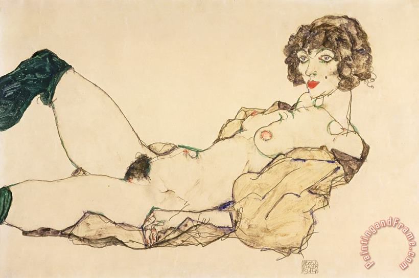 Egon Schiele Reclining Nude in Green Stockings Art Painting